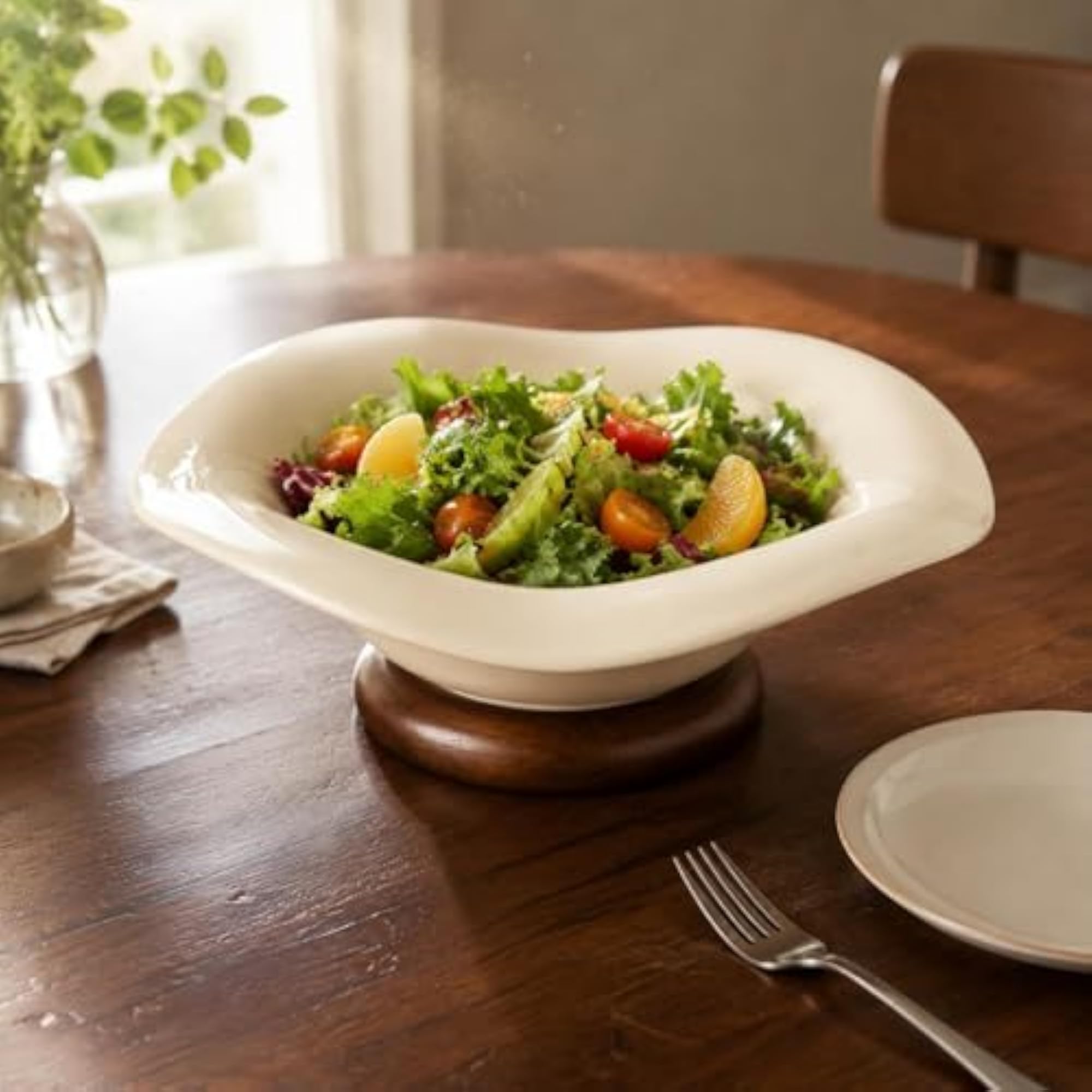 Lotus Leaf Design Ceramic Fruit Tray with Wood Base