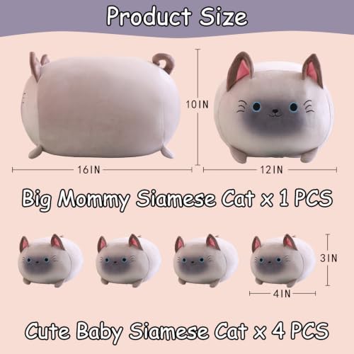 SQEQE Siamese Cat Plush, Cute Siamese Cat Stuffed Animals Mommy with 4 Squishy Kitties in Her Tummy, Soft Plushies Pillow Gifts for Kids - 4