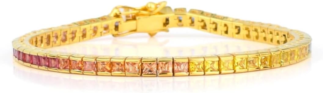 4mm Rainbow Sapphire Tennis Bracelet, 18K Gold Plated, Multi-Color Princess Cut Gemstones