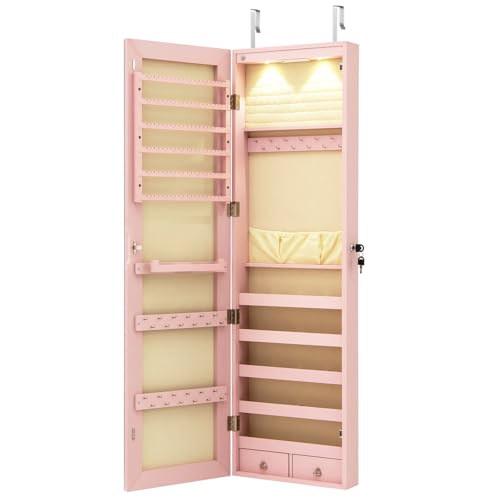 Moccha Wall Door Jewelry Armoire, 47.5" H Full Length Mirrored Jewelry Cabinet with 2 LED Lights and 2 Drawers, Lockable Jewelry Cabinet, Jewelry Organizer Storage for Bedroom, Pink