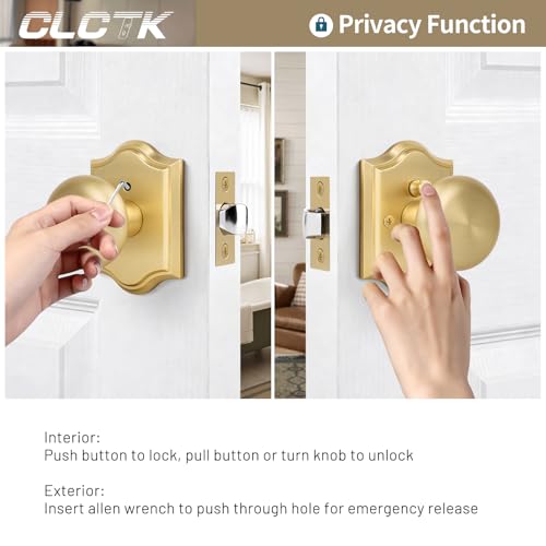 CLCTK Satin Brass Door Knobs Interior with Lock, Vintage Brushed Gold Privacy Round Door Knobs Door Handles for Bedroom Bathroom, Zinc Alloy, 1 Pack by CLCTK - Used condition - Image 3