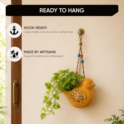 Image of AAKRITI ART CREATIONS Ceramic Hanging Planter | Sunny Songbird Design, Abstract Art, Yellow Matte Finish | Decorative Hanging Pot for Indoor & Outdoor Home Decor