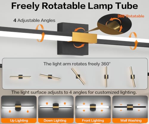 Image of SOLFART Vanity Lights for Bathroom Dimmable: Black and Gold 24-Inch Built-in Step Dimming Bathroom Light Fixtures Over Mirror ETL IP44