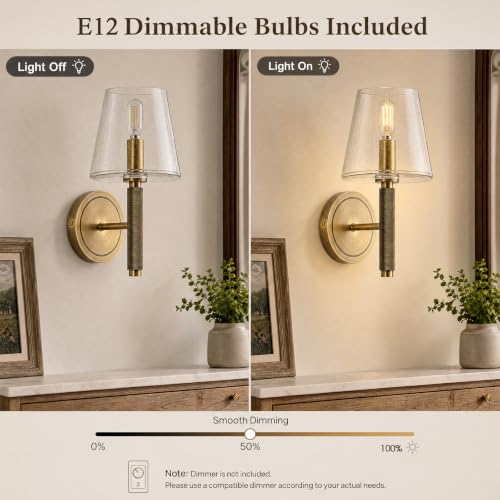 Image of 12 inch Knurled Brass Wall Sconce with Clear Seeded Glass Shade,Vintage Wall Light Fixture, Gold Bathroom Vanity Light, Hardwired Dimmable Wall Lamp for Bedroom Living Room Hallway Entryway