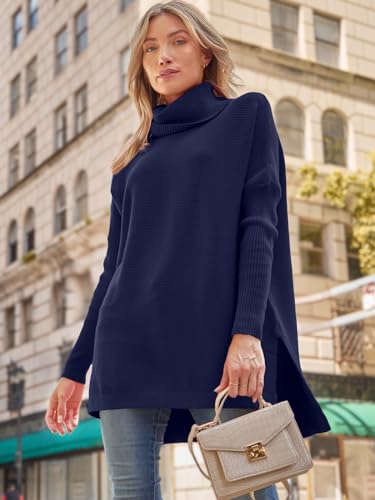 Image of LILLUSORY Women's Turtleneck Oversized Sweaters Long Batwing Sleeve Spilt Hem Tunic Pullover Knit Tops