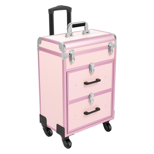 Rolling Makeup Train Case Professional Cosmetics Storage Organizer with Drawers & Locks, Large Storage Traveling Cart Trunk Cosmetic Trolley with 4 Universal Wheels for Hairdresser,Makeup Artist