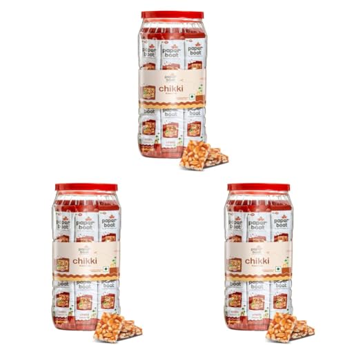 Image of Paper Boat Chikki Jar, Peanut Bar, No Added Preservatives and Colours | Gajak | Sweets | Made with Jaggery | Gazak (50 pieces, 16g each) (Pack of 3)