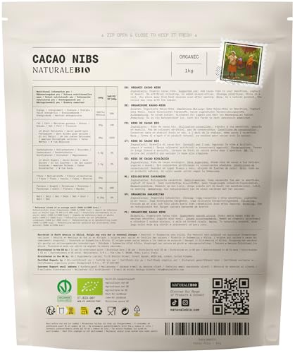 NaturaleBio Roh Kakao Nibs 1Kg. Bio Roh Kakao Nibs. Rohkost, natürlich und rein. Produziert aus der Theobroma Pflanze. Quelle für Magnesium, Kalium und Eisen.