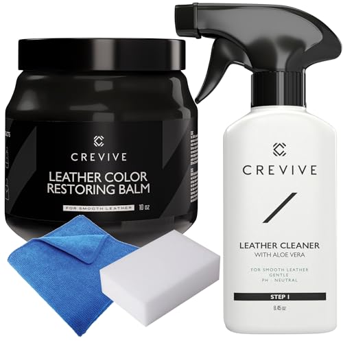 CREVIVE Leather Recoloring Balm Black 10 oz & Leather Cleaner 8.45 oz - Leather Color Restorer - Leather Restorer for Couches - Leather Balm Black