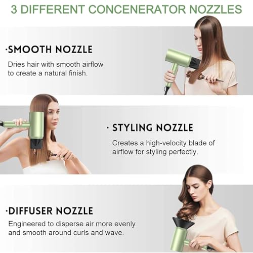 Image of slopehill Professional Ionic Hair Dryer, Lime Cream | 1800W Fast Drying, Low Noise, 2 Concentrator Nozzles, 1 Diffuser Attachment