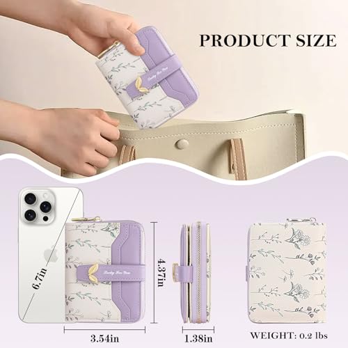 Image of BIAOTIE Wallet for Women Cute Floral Flower Wallet RFID Credit Card Holder Purse Small Bifold Zipper Coin Pocket Purse with ID Windows (Lavender Fl)