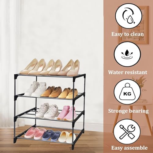 Image of Metal Shoe Rack Organizer Adjustable Storage Shelf for Entryway, Closet, Bedroom Space Saving Design, Durable Metal Frame, Black (4 Tier)