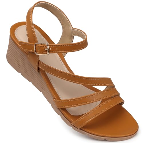 Image of Wedge Sandals Women Dressy: Summer Low Wedges Comfort Sandal - Comfortable Strappy Casual Womens Sandals