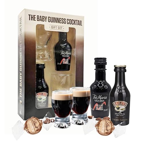 Baby Guinness Liqueur Gifts for Couples - Irish Cream & Coffee Liqueur 5cl Miniature Alcohol Bottles, 2 Shot Glasses with 2 Lindt Chocolate Truffles. Christmas Gifts for Women, Stocking Fillers