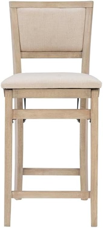 Pemberly Row Folding Counter Stool, Solid Wood Construction, Graywash Finish, Fabric Padded Back and Seat, 37 in Tall, 17 x 20 in Dimensions, Fully Assembled, Easy Storage, Extra Seating for Kitchen