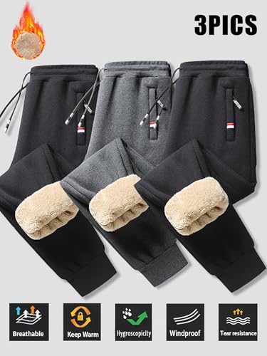 3pcs Men's Print Solid Color Fleece Lining Sweatpants with Drawstrings, Casual Warm Thickened Windproof Trousers4