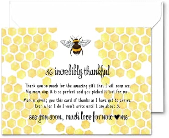 Bumblebee Baby Shower Thank You Cards (25 Pack) Prefilled Note from Boy or Girl – Individual Notecards with Envelopes - Say Thanks From Babies – Mama to Bee Theme Yellow and Black – 4x6 Blank Set
