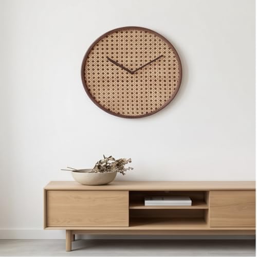 Image of The Artment your artistic apartment Brown CaneHalo Clock Natural Cane Weave Wall Clock, Silent Quartz Movement, Wooden Frame Minimalist Round Clock for Living Room, Bedroom, Office Decor