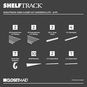ClosetMaid ShelfTrack Wire Closet Organizer System, Adjustable from 4 to 6 Ft., With Shelves, Clothes Rods, Hardware, Durable Steel, White ClosetMaid ShelfTrack Wire Closet Organizer System Adjustable from 4 to 6 Ft With Shelves Clothes Rods Hardware Durable Steel White