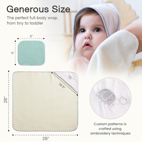 Image of Softan Baby Hooded Towels and Washcloths Set 6 Pack, 28x28 Ultra Soft & Absorbent Baby Bath Towels for Newborn Infant Toddler, Unisex Boys Girls (Green Elephant)