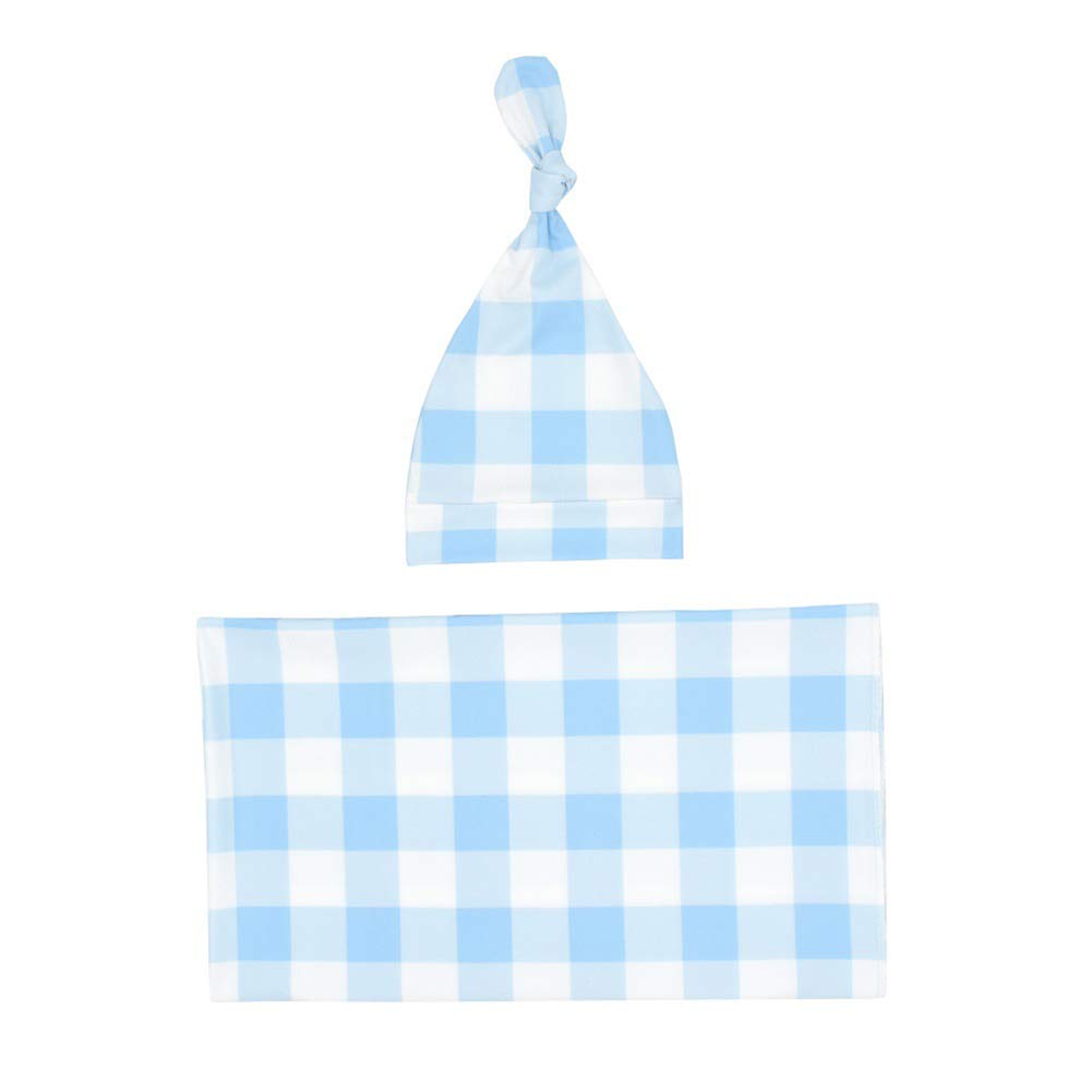 SuperiMan Baby Swaddle Blanket Hat Set,Receiving Blanket 31" 31" for Newborns,Infants,and Toddlers,Perfect for Girls and Boys (Light Blue Check)