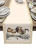 Table Runner 13x36 Inch Long Table Runners for Dining Room, Farmhouse Chicken Flower Ink Painting Beige Table Runners Kitchen Dining Table Decoration for Indoor Outdoor Home Party Decor