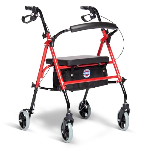 Arrigo Rollator Walker with Large Cushioned Seat – Folding 4-Wheel Steel Rolling Walker with Brakes, Soft Backrest & Zippered Storage – Smooth Ride, Adjustable Height, Supports up to 350 lbs
