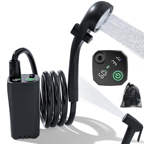 BIGCOW Portable Camping Shower, 6000mAh Rechargeable Outdoor Shower Pump, Digital Display, IPX7 Waterproof, with Shower Head and Bidet Sprayer for Hiking, Car Wash, Pet Bath (Black)