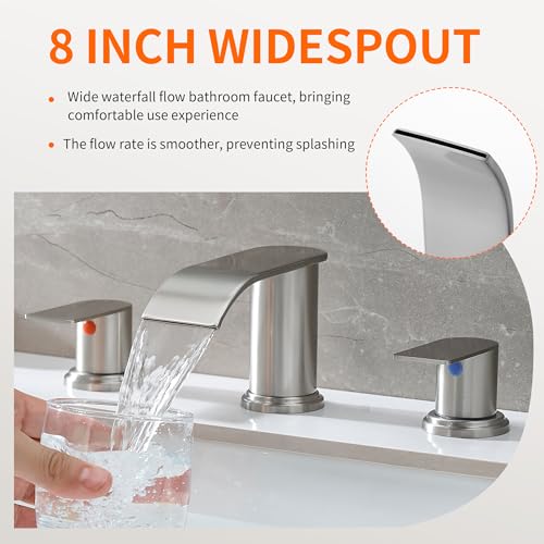 Waterfall Bathroom Faucet 3 Holes, 8 Inch Brushed Nickel Widespread Faucet Bathroom with Pop Up Drain Bathrooms Basin Lavatory Mixer Tap with Deck Mount Plate by Fransiton - Used condition - Image 3