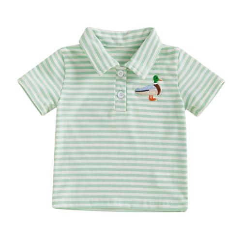 Image of Toddler Baby Boys Girls Polo Shirt Mallard Duck Embroidery Striped Short Sleeve Lapel Button Down Shirts Tops Summer