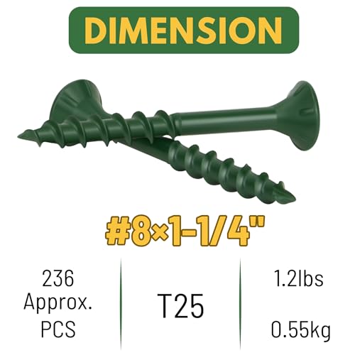 Image of WELLOCKS #8 x 1-1 /4 in Green Deck Screws, 1.2 lbs with T25 Bit | 1000+ Hour Salt Spray Coated Screws for Outdoor Fences, Decks, Trim, and Treated Lumber.