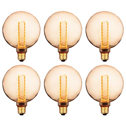 Sunlite 40207-SU LED G40 Virtual Filament Globe Light Bulb 3.5 Watts (15W Equivalent), 120 Lumens, Medium E26 Base, Clear Glass, Dimmable, Acrylic Inner Pillar, UL Listed, 6 Pack, 2000K-Amber