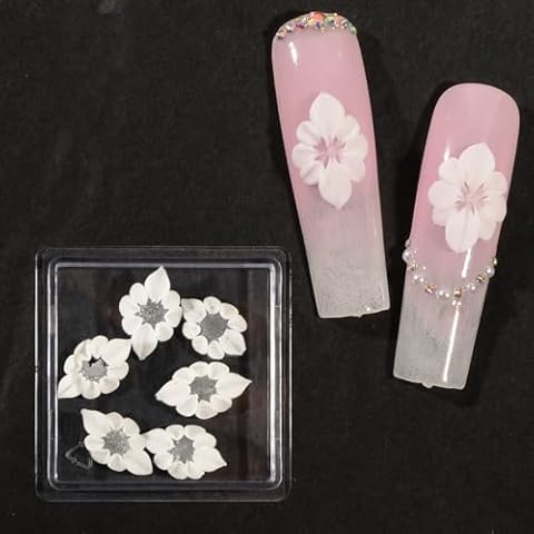 BAIYIYI 6PCS/Box 3D Handmade White Flower Nail Art Charms, Advanced Handcrafted Gel Flower Sculpted Floral Nails Salon Decor for Women Nail Art Craft Jewelry (No Rhinestone Gems Design) Cover