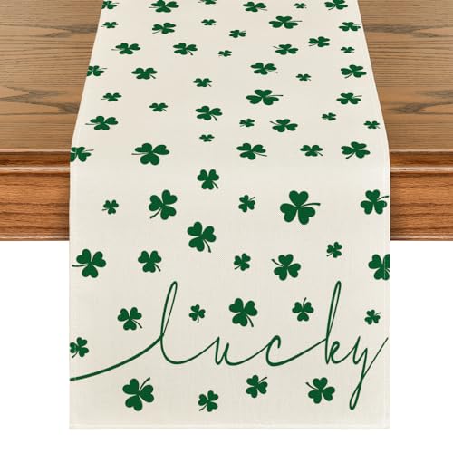 Artoid Mode Beige Lucky Shamrock St. Patrick's Day Table Runner, Seasonal Spring Holiday Kitchen Dining Table Decoration for Indoor Outdoor Home Party Decor 13 x 48 Inch