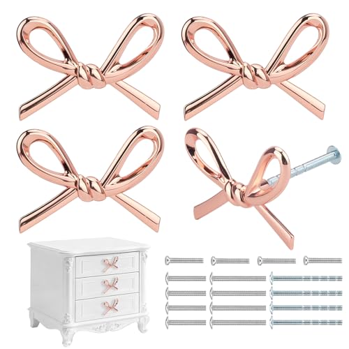 Foyofly 4 Pack Rose Gold Bow Dresser Knobs Cute Drawer Knobs Decor Drawer Zinc Alloy Pink Hardware Handles Pulls Vintage Cupboard Drawer Knob for Kitchen Cabinets Home Bedroom (4, Rose Gold)