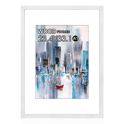 HOHIYO A1 Poster Frame,23.4x33.1in Soild Wood White Picture Frames With Polished Acrylic Glass Easy To Hang,A1 Picture Frame A1 Frame With A2 Mount For Wall Mounting Horizontally And Vertically