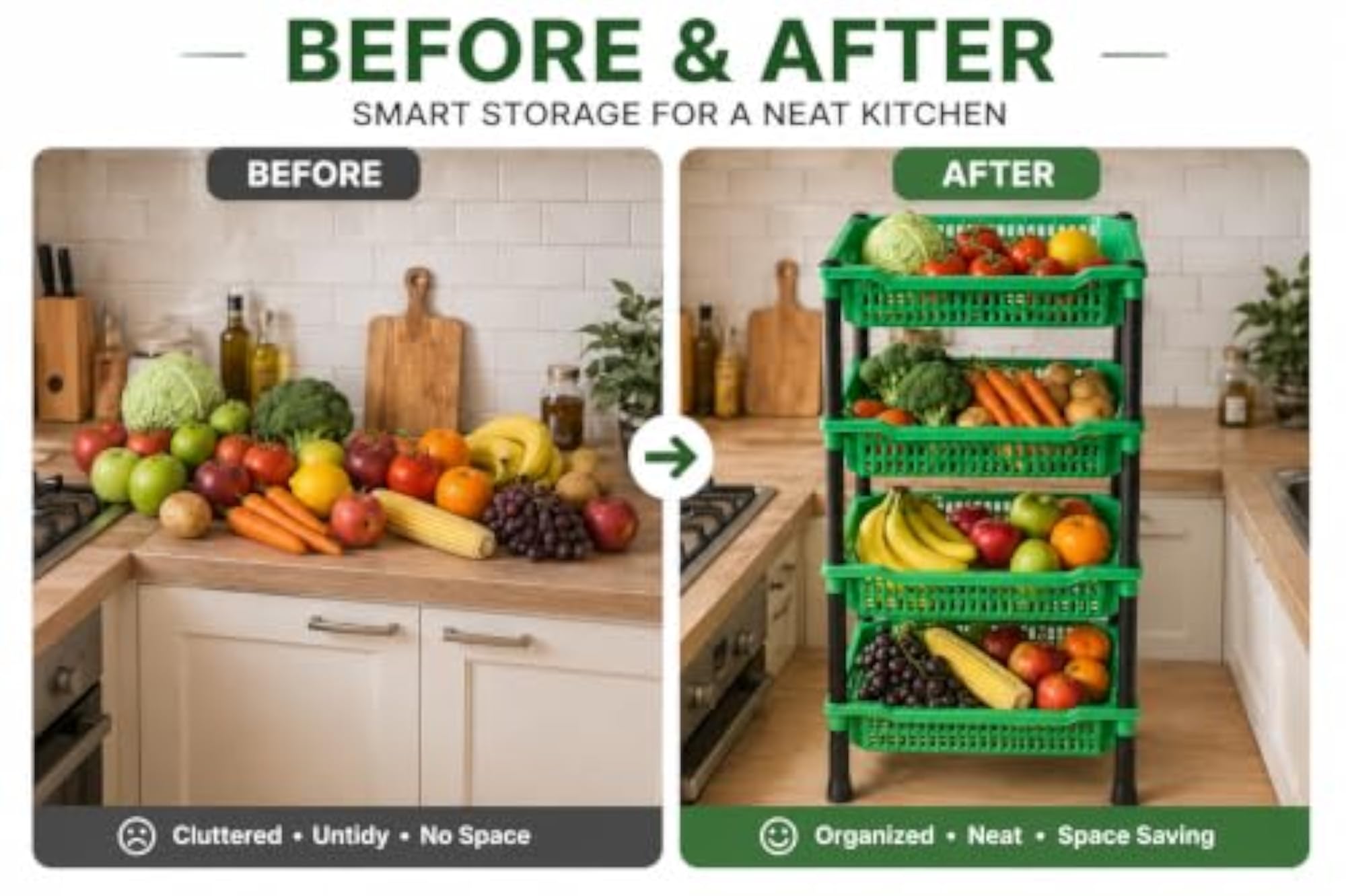 4-Layer Plastic Fruit and Vegetable Storage Rack, Green