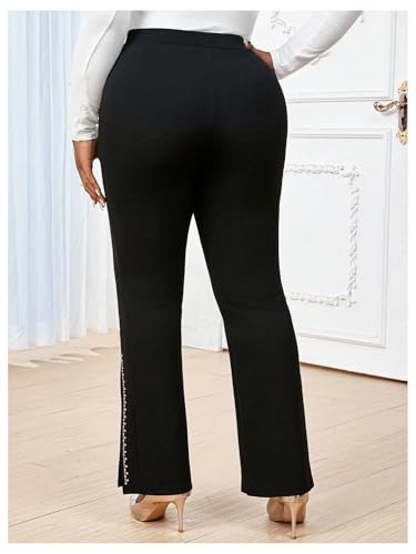 WDIRARA Women's Plus Size Flare Pants High Waisted Rhinestone Split Side Bootcut Trousers2