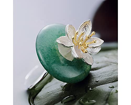 Stunning Lotus Flower Ring With Natural Gemstone Aventurine In 925 Sterling Silver Adjustable Ring Size Women Fine Handmade Jewelry - Premiumpearl #TOP2