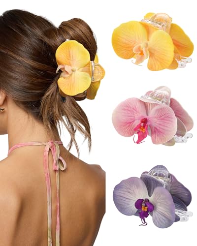 WELROG 3PCS Orchid Flower Hair Claw Clips for Women - 4.3inch Non-Slip Hawaiian Hair Clips for Thick/Thin Hair Tropical Phalaenopsis Hair Barrettes for Wedding Vacation & Everyday Use