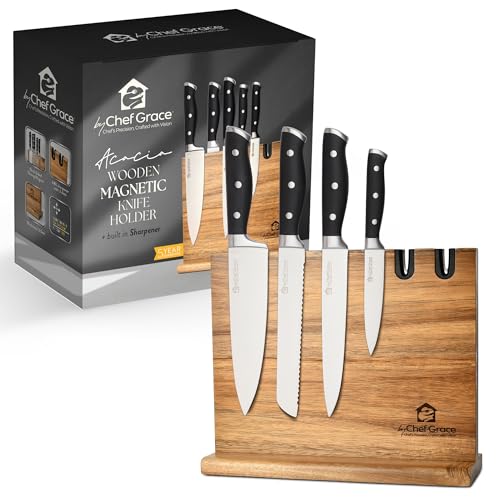 Chef Grace Acacia Wood Magnetic Knife Holder + Built in Sharpener (Knives not Included). Premium Double-Sided Magnetic Knife Holder and Storage Rack. Large Capacity and Blade Protection..