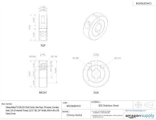 Climax Metal TC-025-20-S Shaft Collar, One Piece, Threaded, Stainless Steel, 1/4-20 Internal Thread, 13/16" OD, 1/4" Width, With 4-40 x 3/8 Clamp Screw