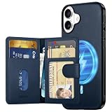 SHIELDON Genuine Leather Case for iPhone 16 Plus + Removable Magnetic RFID Blocking Wallet with 6 Card Holder, Minimalist Wireless Charging Cover Compatible with iPhone 16 Plus 6.7' - Nappa Navy Blue