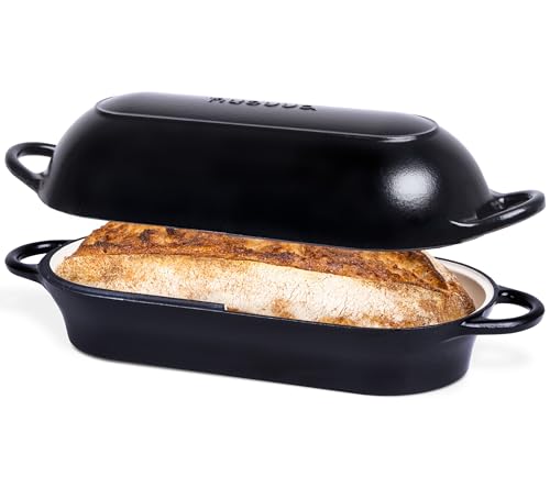 Enamelled Cast Iron Bread Loaf Pot – Dutch Oven for Sourdough Bread Baking – Oven Safe Non Stick Bread Pot – Rectangular, Black, 34cm x 16cm – by Nuovva