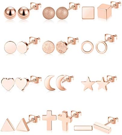 Tornito 12 Pairs Stud Earrings Geometric Earring Set Stainless Steel Heart Triangle Square Cross Star Moon Mini Bar Cute CZ Ball Stackable Helix Cartilage Earring Silver Rose Gold Tone for Women Men