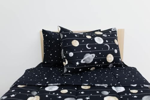 Beddy's Space Theme Durable Zipper Bedding for Kids, Bed in a Bag, Black Sheets and Universe Galaxy Comforter with Stars & Solar System, Includes Pillowcase and Sham, Easy to Make and Wash