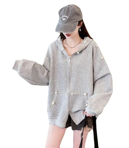 [ＺＨＯＮＧＪＵＥ] パール付き パーカー ジップアップ フード付き レディース 無地パーカー スウェット ジップパーカー ゆったり ルーズ風 大きいサイズ アウター フーディパーカー y2k 秋 春 (Lグレー)のサムネイル