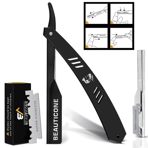 Image of BEAUTICONE Barber Straight Razor for Men - Professional Shavette with Slide-Out Blade Holder, 20 Stainless Steel Blades Included, Cut Throat Razor, All Black