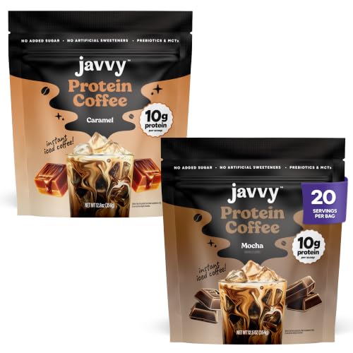 Image of Javvy Protein Coffee for Cold Brew & Iced Coffee, Caramel /Mocha, 2 Pack | 10g Whey Protein, 100% Natural Cold Brew, Zero Artificial Flavors & Sweeteners, 80mg Caffeine, No Added Sugar