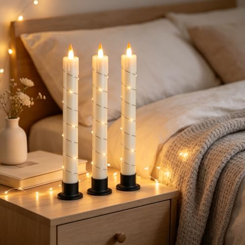 Image of 3 Pack Ivory Dripping Wax Flameless Candles, Realistic Dynamic Flame LED Taper Candles with Surrounding Fairy String Lights, Remote Control Battery Operated Candles for Home Wedding Holiday Decor